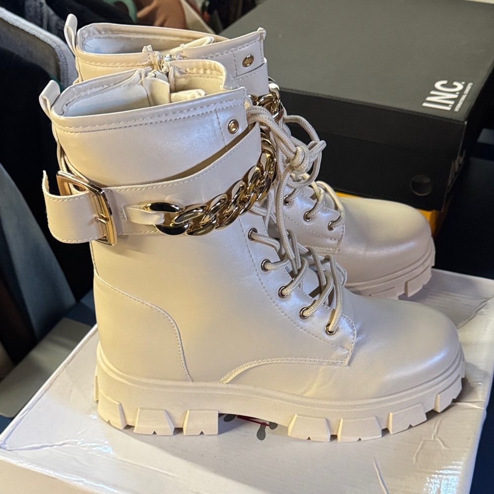 INC International Concepts Women's Cream Combat Boots with Gold Chain